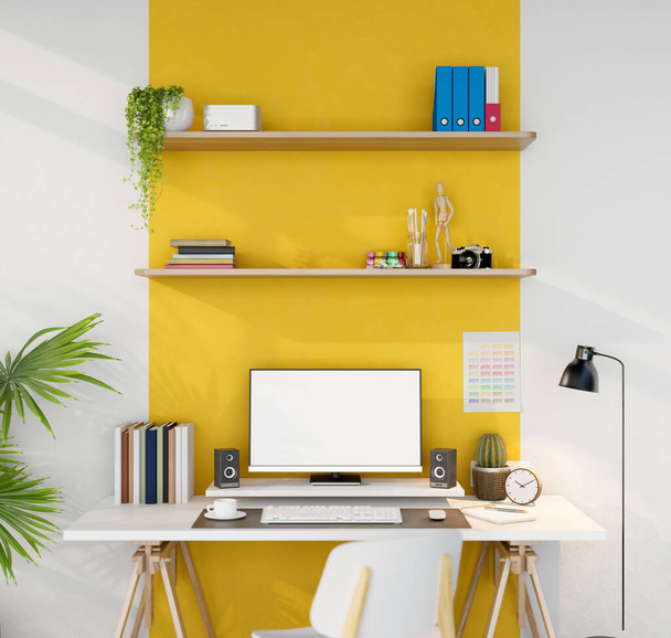 Modern stílusos munkahelyi számítógép íróasztal belsőépítészet asztali számítógép mockup, tartozékok az asztalon, modern lámpa, beltéri növény és fal polcok sárga falon. 3d renderelés, 3d illusztráció - Fotó, kép