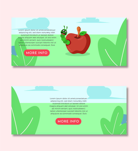 Apple with Worm Flat Illustration｜バナーセットデザインテンプレートEPS10赤リンゴ緑のワームが公園のフラットイラストに張り付いて説明ボックスと赤の詳細情報ボタンバナーセットがライトピンクの背景に隔離されています - ベクター画像
