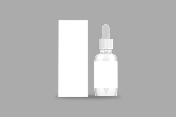 Prázdné Bílé skleněné kapátko láhev s prázdným štítkem a krabička na šedém pozadí. Šablona modelu izolována. 3D vykreslení - Fotografie, Obrázek