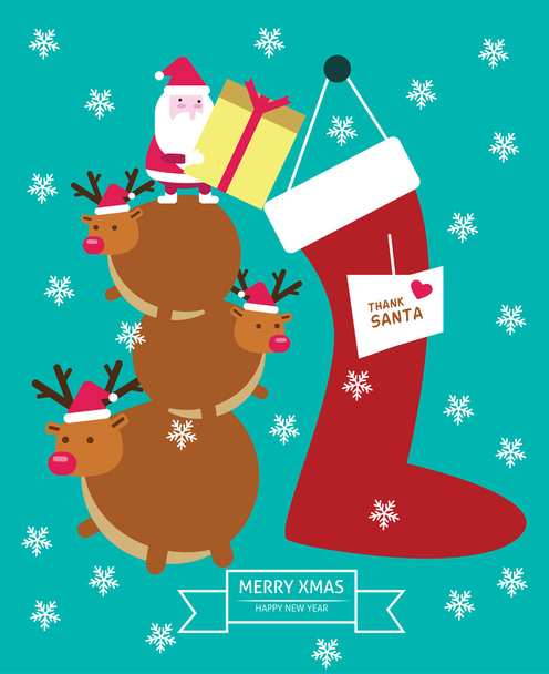 Santa Claus and reindeer putting gift into big sock. - Vector, Image