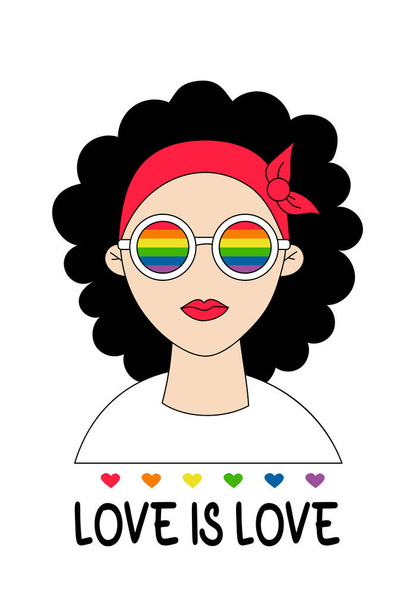 Linda chica lesbiana en gafas de arco iris. Mes del Orgullo LGBT. El amor es amor. Bandera de orgullo LGBTQ en colores arcoíris. Derechos humanos y tolerancia. Vector. Cartel de vacaciones vertical con símbolo LGBT - Vector, Imagen