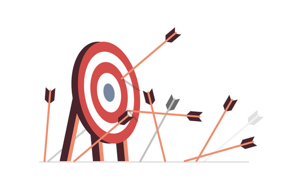 Many arrows missed hitting the target mark and business challenge failure metaphor flat vector illustration. - Vector, Image