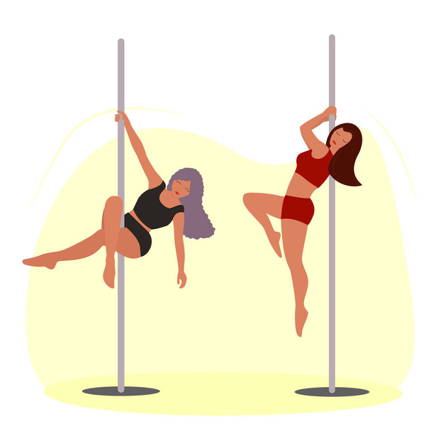 Girls dancing on pylon. Pole dance girl vector set fitness sexy pose stripper posing and dancing illustration isolated on white background - Vector, Image