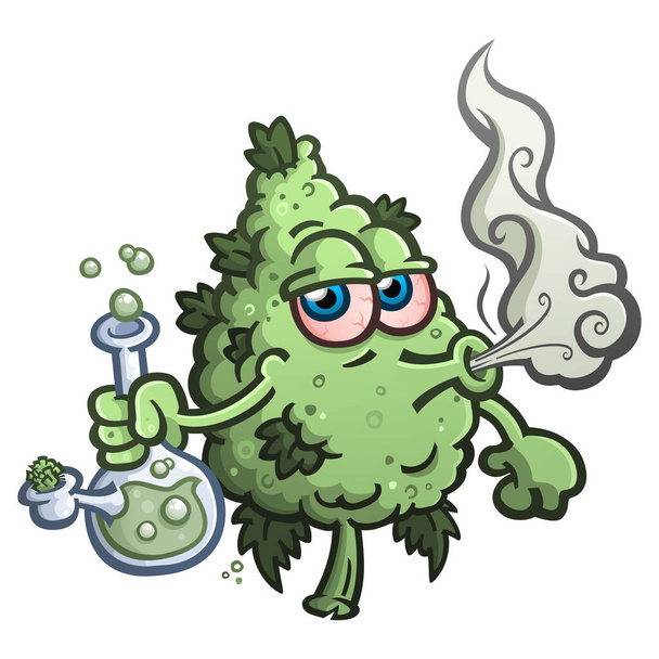 Bud de marijuana lapidé personnage de dessin animé fumant un bong d'eau en verre - Vecteur, image