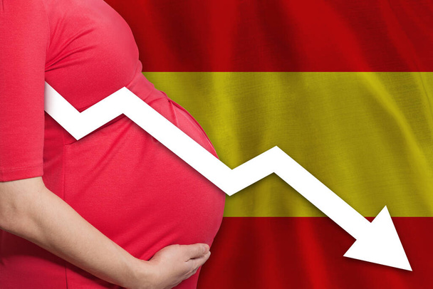 Spanish pregnant woman on Spanish flag background. Falling fertility rate in Spain - Photo, image