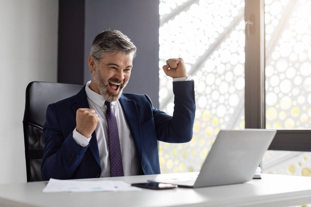 Возбужденный бизнесмен средних лет в костюме эмоционально празднует успех с ноутбуком в офисе, счастливый радостный мужчина-предприниматель смотрит на экран компьютера и поднимает кулаки с волнением, копирует пространство - Фото, изображение