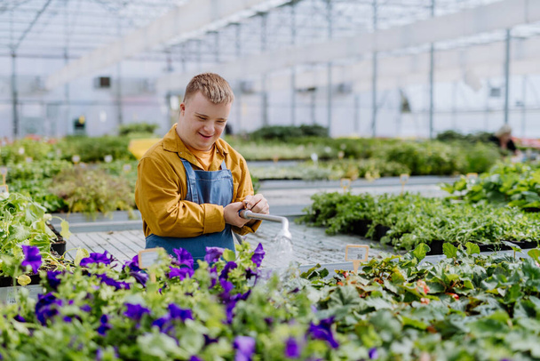 Een gelukkige jonge werknemer met Down syndroom werkt in het tuincentrum, besproeiingsinstallaties met een douchekop en slang. - Foto, afbeelding