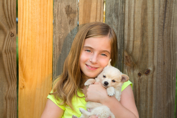 blond kid girl hug a puppy dog chihuahua on wood - Valokuva, kuva