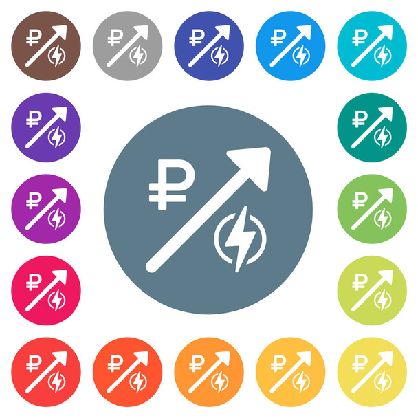 Rising electricity energy russian Ruble prices flat white icons on round color backgrounds. 17 background color variations are included. - Vector, Image