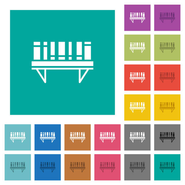 Bookshelf com livros sólidos multi colorido ícones planos em fundos quadrados simples. Variações de ícones brancas e escuras incluídas para efeitos ativos ou pairar. - Vetor, Imagem