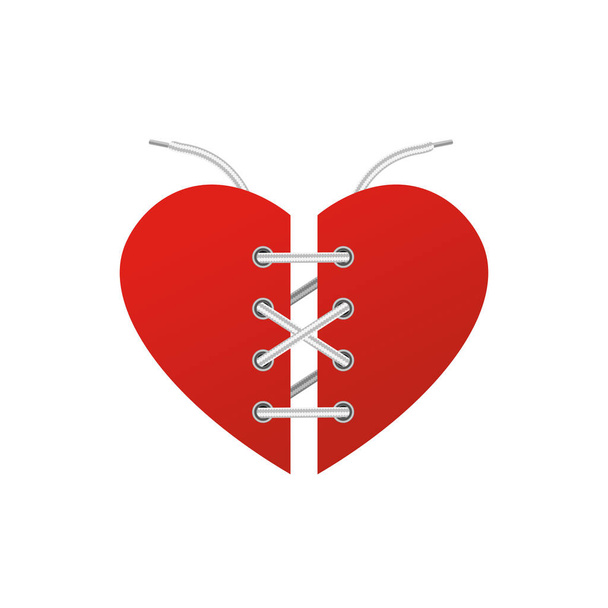 Red heart shape with scheme of tying shoe laces, realistic, vector illustration isolated on white background. White parallel and cross threads, footwear accessory - Διάνυσμα, εικόνα