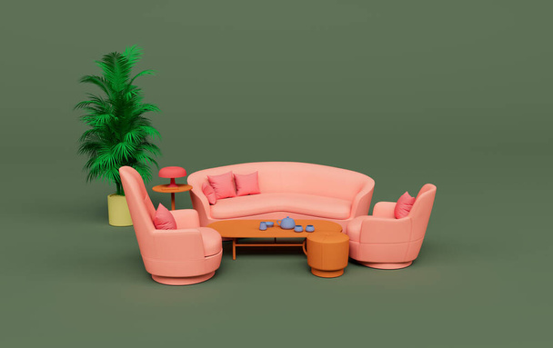 living room pink color sofa with small table and plant 3d rendering on Cactus color background - Zdjęcie, obraz