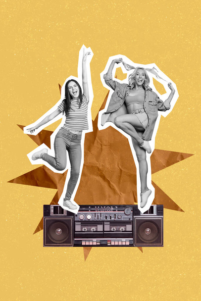 Vertical collage picture of two overjoyed cheerful people black white colors enjoy dancing big boombox. - Zdjęcie, obraz