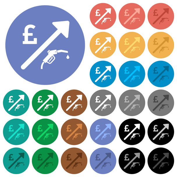 Rising fuel english Pound prices multi colored flat icons on round backgrounds. Included white, light and dark icon variations for hover and active status effects, and bonus shades. - Vector, Image
