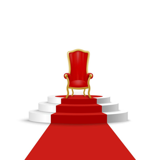 Βασιλικός θρόνος σε βάθρο με κόκκινο βελούδινο χαλί, ρεαλιστική διανυσματική απεικόνιση που απομονώνεται σε λευκό φόντο. Πρότυπο της πολυτελούς επιχρυσωμένης θρόνου καρέκλα. - Διάνυσμα, εικόνα