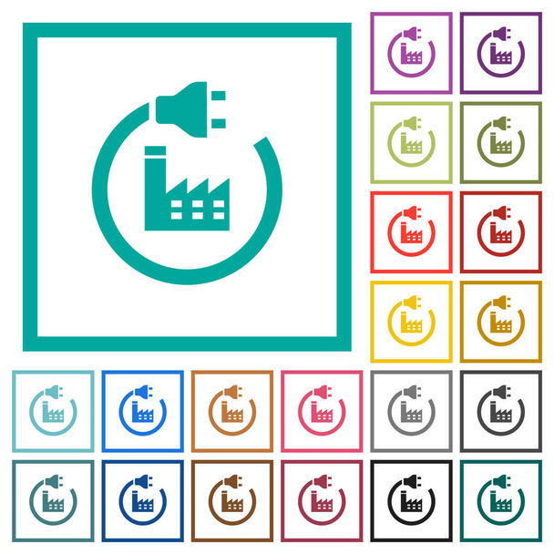 Плоские цветовые иконки солнечной энергии с квадратными рамками на белом фоне - Вектор,изображение