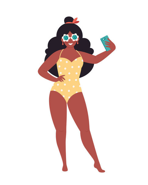 Mujer negra en gafas retro y traje de baño haciendo selfie o regrabando video. Hola verano, vacaciones de verano, diversión de verano. Ilustración vectorial - Vector, Imagen