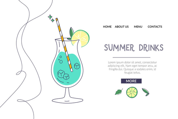 Hand drawn summer illustration. A glass with a straw and a slice of lime. Good for describing ingredients on a cocktail menu. - Vector, Image