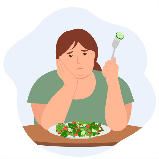 Сумна жінка сидить за столом з тарілкою салату. Концепція втрати ваги та дієти. Векторні ілюстрації
 - Вектор, зображення