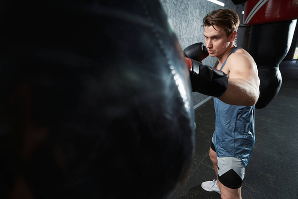Serious focused athlete in boxing gloves hitting punching bag during training session - Valokuva, kuva