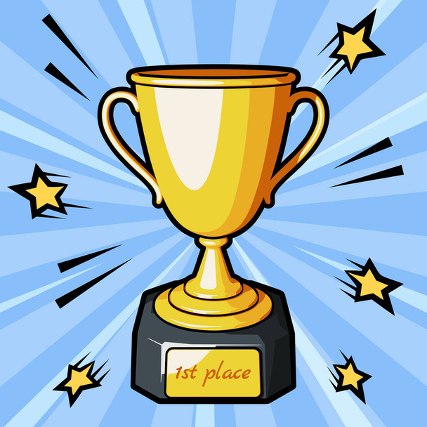 Champions golden cup or trophy cup with text on golden plate 1st Place. Vector illustration in comic cartoon style - Vector, Image