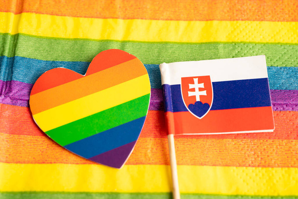 Bandera de Eslovaquia en el fondo del arco iris símbolo del orgullo gay LGBT mes movimiento social bandera del arco iris es un símbolo de lesbianas, homosexuales, bisexuales, transgénero, derechos humanos, tolerancia y paz. - Foto, imagen