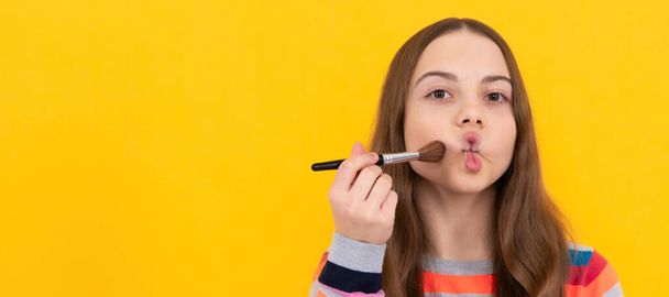 Funky beauty. Funny child apply makeup making fish lips. Makeup and visage. Childrens cosmetics. Cosmetics for teenager child, poster design. Beauty kids makeup, banner with copy space - Fotoğraf, Görsel