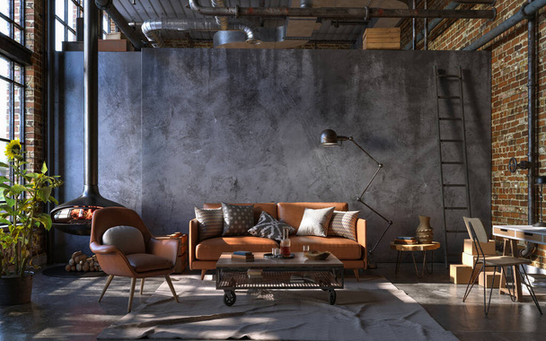 Průmyslový styl interiéru tmavého obývacího pokoje, 3d vykreslení - Fotografie, Obrázek