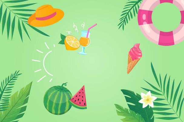 Happy summer background in flat cartoon design. Wallpaper with summertime composition, palm leaves, hat, cocktail, fruits, rubber ring, ice cream. Illustration for poster or banner template - Photo, Image