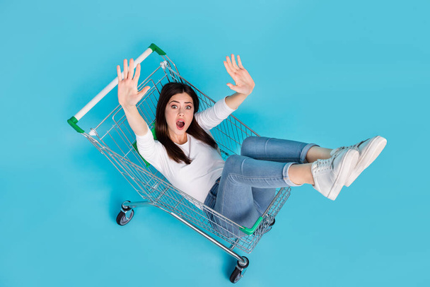 Top high angle view photo screaming girl in pushcart catch big bargains coupons black friday isolated on blue color background. - Φωτογραφία, εικόνα