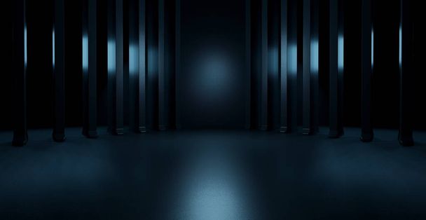 Grungy Futuristic Extraterrestrial Stage Room Warehouse Showroom Black Abstract Background Space Concept 3D Rendering - Photo, Image