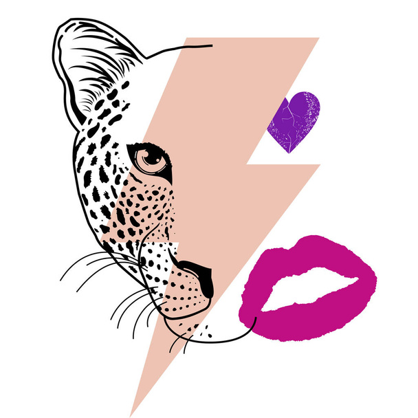 Design for t-shirts of a leopard head next to the sign of lightning and a heart. Vector illustration for fashion - Vector, afbeelding