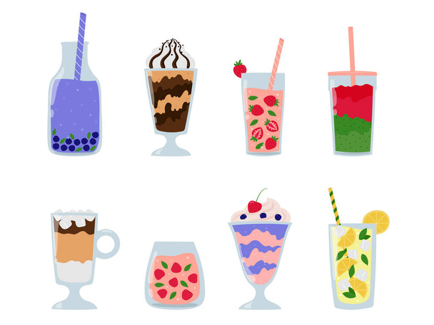 Summer drinks collection. Fruit or berry beverages in glass, bottle or jug. Cartoon juice and lemonade, milkshakes, iced latte. Isolated vector illustration.  - Vector, Imagen