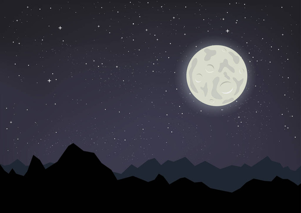 Starry night sky and mountains in moon light. Cartoon stars astronomy illustration. Moonlight mountain silhouette - Vector, Imagen