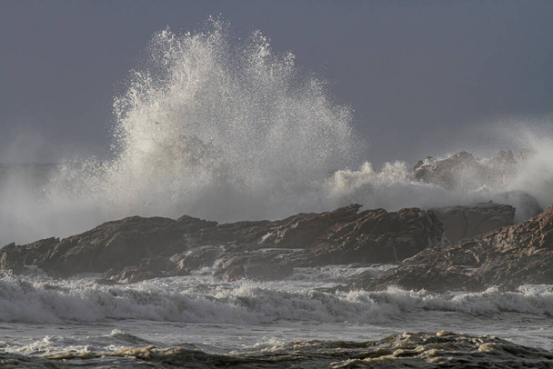Παφλασμός θυελλώδους μεγάλου κύματος, βόρεια βραχώδης ακτή της Πορτογαλίας. - Φωτογραφία, εικόνα