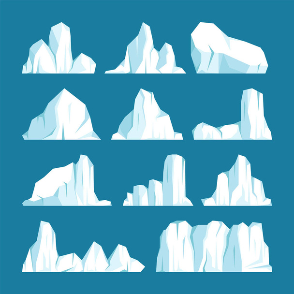 Floating icebergs collection. Drifting arctic glacier, block of frozen ocean water. Icy mountains with snow. Melting ice peak. Antarctic snowy landscape. South and North Pole. Vector illustration - Vector, Image
