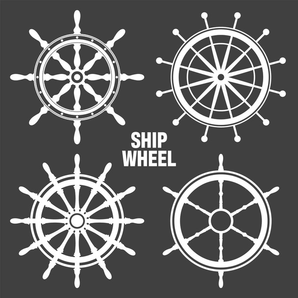 Collection of white vintage steering wheels. Ship, yacht retro wheel symbol. Nautical rudder icon. Marine design element. Vector illustration. - Vektor, kép