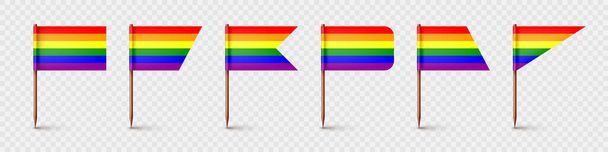 Realistické různé párátka vlajky. Dřevěné párátka s duhovou LGBTQ papírovou vlajkou. Prázdná maketa pro reklamu a propagaci. Měsíc pýchy. Vektorová ilustrace. - Vektor, obrázek