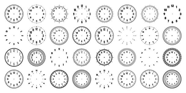 Mechanical clock faces with arabic numerals, bezel. Watch dial with minute, hour marks and numbers. Timer or stopwatch element. Blank measuring circle scale with divisions. Vector illustration. - Vettoriali, immagini