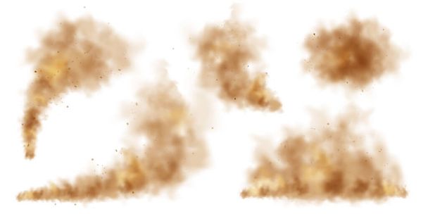 Ρεαλιστικά σύννεφα σκόνης απομονωμένα σε λευκό φόντο. Αμμοθύελλα με σωματίδια σκόνης, μολυσμένο καφέ αέρα, νέφος. Εικονογράφηση διανύσματος. - Διάνυσμα, εικόνα