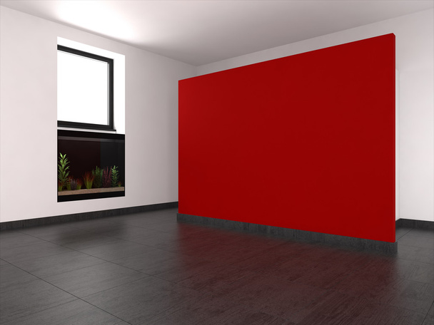 Современная пустая комната с красной стеной и аквариумом
 - Фото, изображение