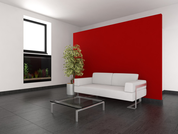 moderní obývací pokoj s červenou zeď a akvárium - Fotografie, Obrázek