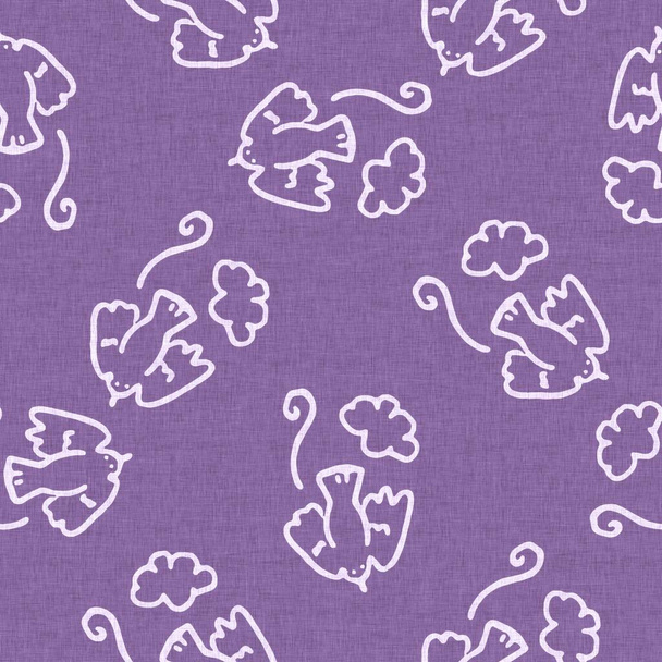 Gender neutral bird in sky seamless raster purple background. Simple whimsical 2 tone pattern. Kids nursery wallpaper or scandi all over print - Photo, Image