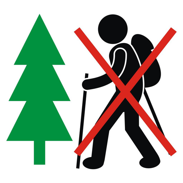 No entry, tourist in nature, black silhouette of person and green tree,vector icon , conceptual sign - Vector, Image
