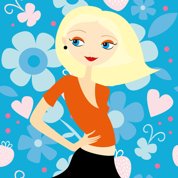 Blonde on the background of a floral pattern. - Vector, Imagen