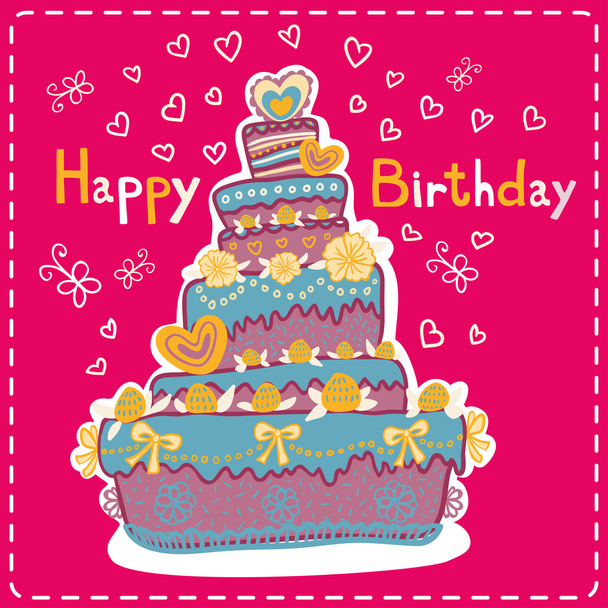 Cartão de aniversário rosa com bolo
 - Vetor, Imagem