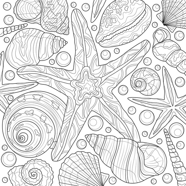 Estrela do mar e conchas. Livro de colorir anti-stress para crianças e adultos. Ilustração isolada em fundo branco.Estilo Zen-emaranhado. Desenho manual - Vetor, Imagem