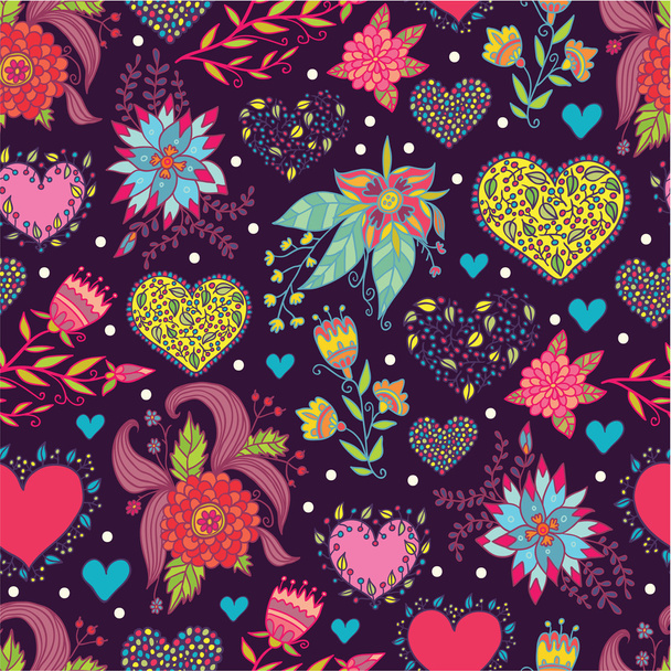 Beautiful flowers and hearts  pattern - Διάνυσμα, εικόνα