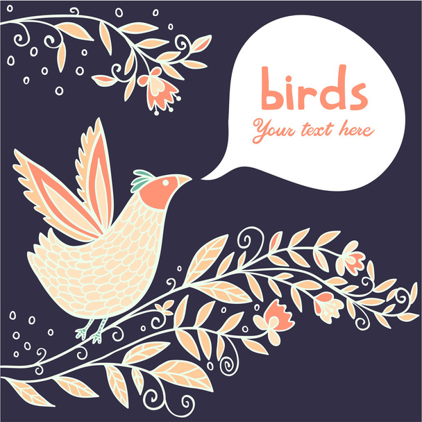 Night background with cute bird and branches - Вектор,изображение