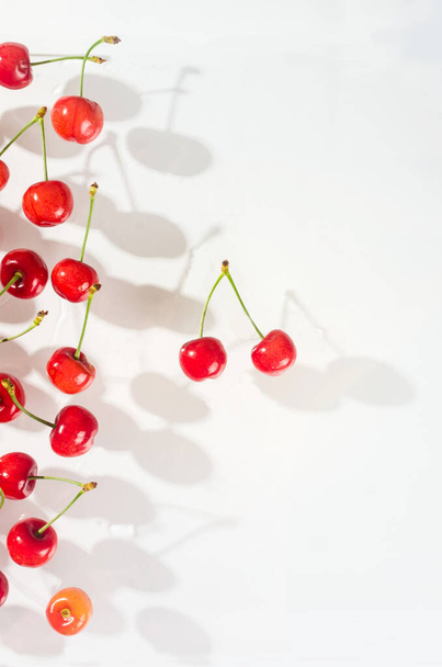 ripe sweet cherries with drops water anh shadow on a white background, closeup. - Photo, Image